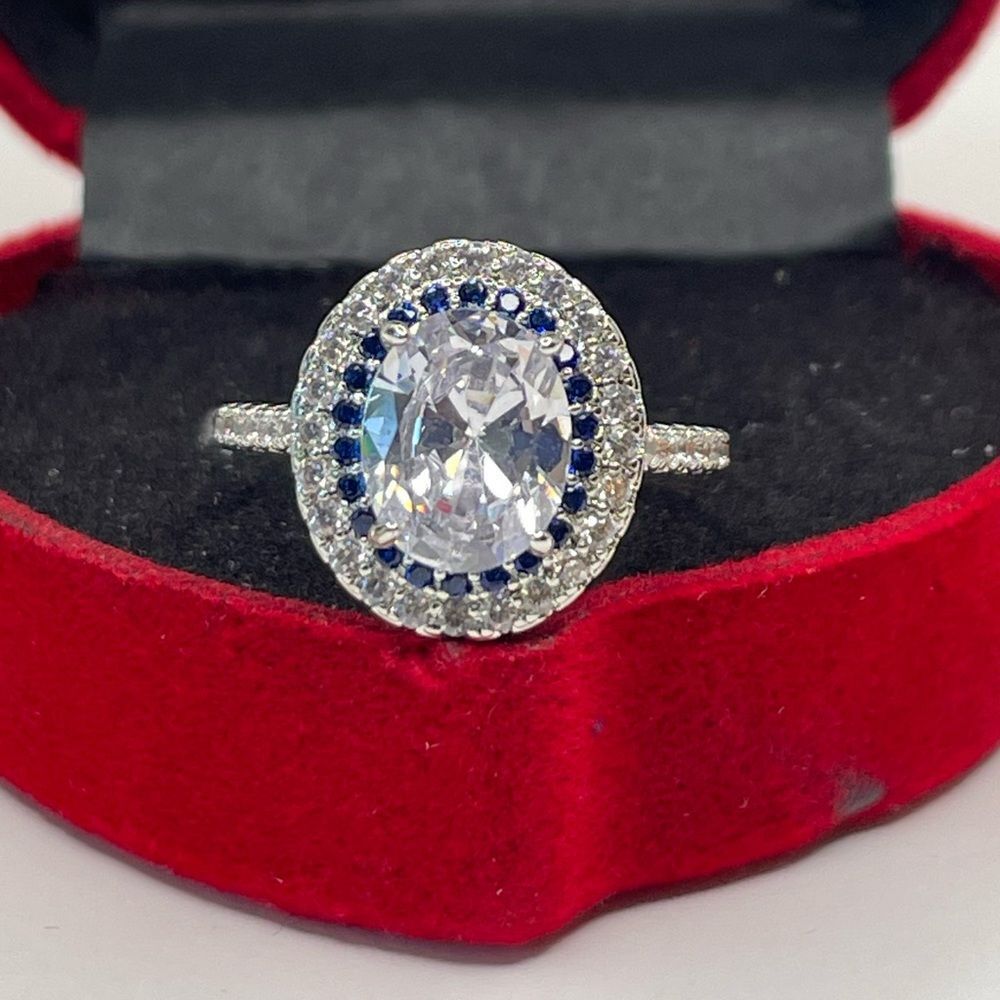 925 BLUE SAPPHIRE ROUND CUT BRIDAL WEDDING RING - Picture 8 of 15